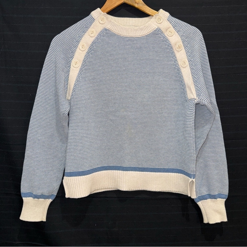 Wrap London Womens Button Shoulder Blue Gray Knit Sweater Small Nautical Coastal